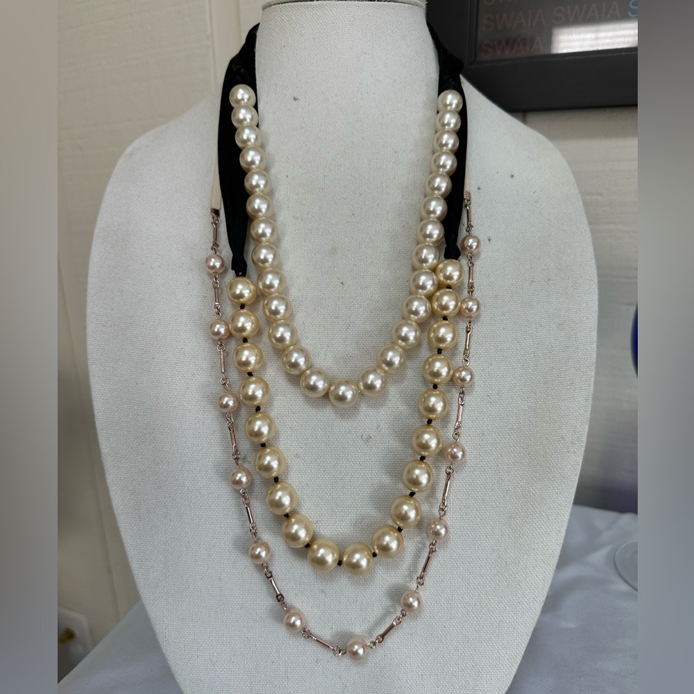 Three blush colored pearl bead necklaces satin cord
